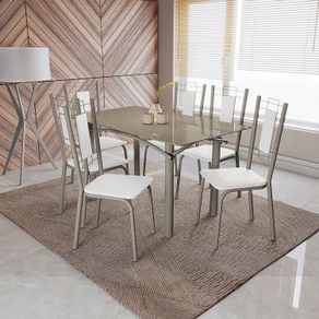 Conjunto Mesa Elba Kappesberg Tampo De Vidro Bronze com 6 Cadeiras Níquel/Branco